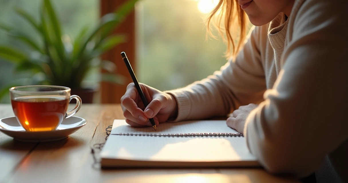 Pessoa anotando motivos de gratidão em um caderno, sentada à mesa com uma caneca de chá. 