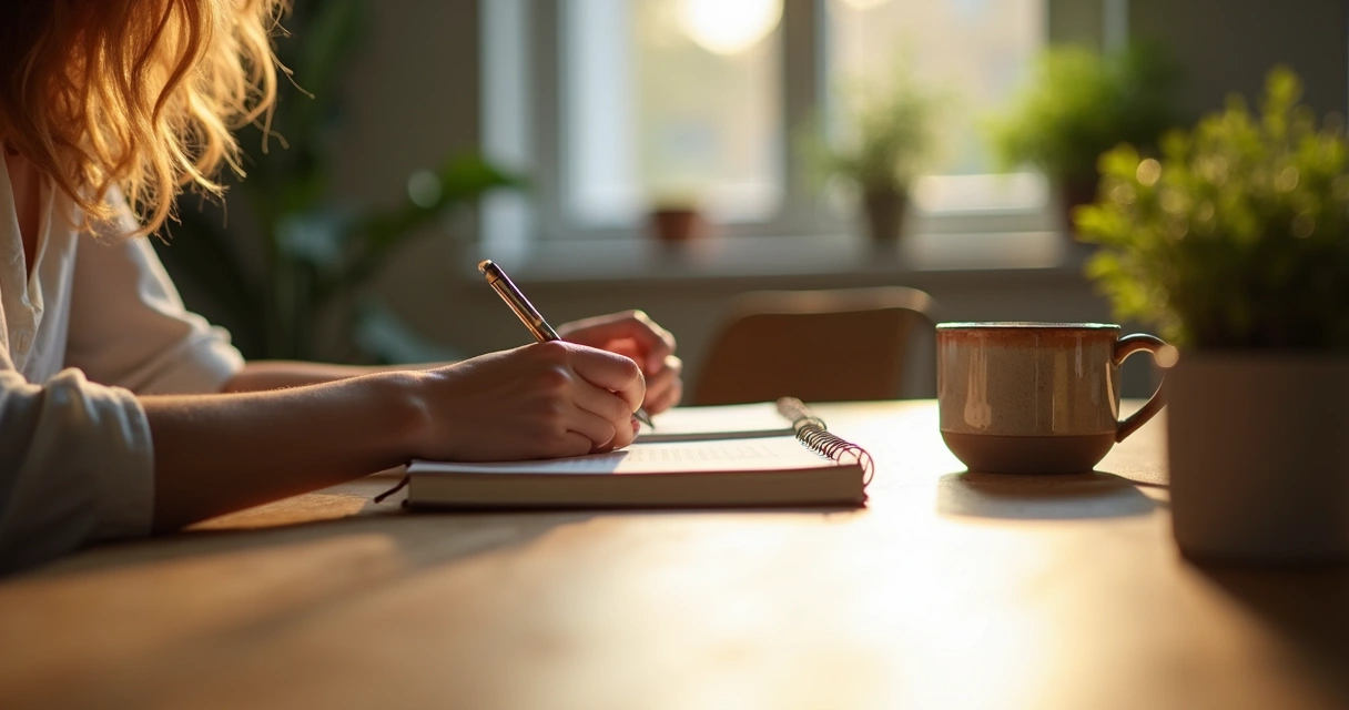 Pessoa escrevendo em um diário de gratidão com uma caneca e planta ao lado 