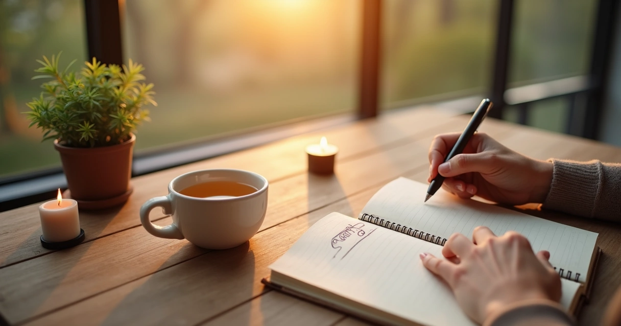 Pessoa fazendo diário de gratidão ao amanhecer com caneca de chá ao lado 