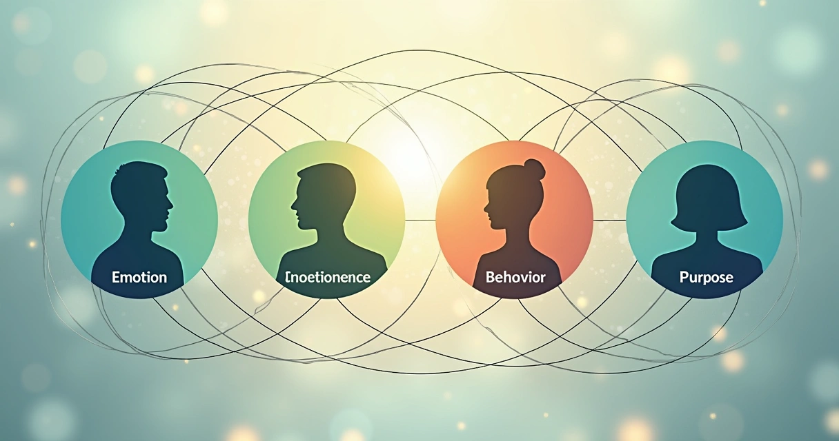 Conceitos interligados de emoção, consciência, comportamento e propósito 