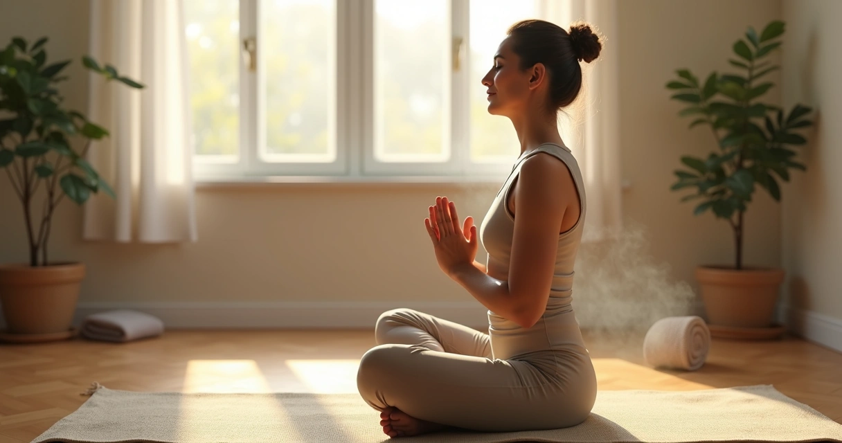 Pessoa sentada em meditação com contas de mantra nas mãos