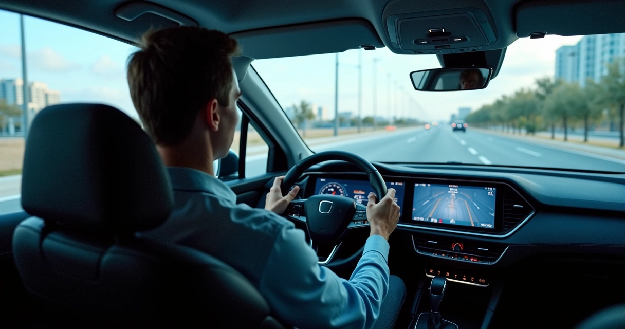 Condutor em simulador de direção ajustando o volante, postura correta e painel eletrônico 