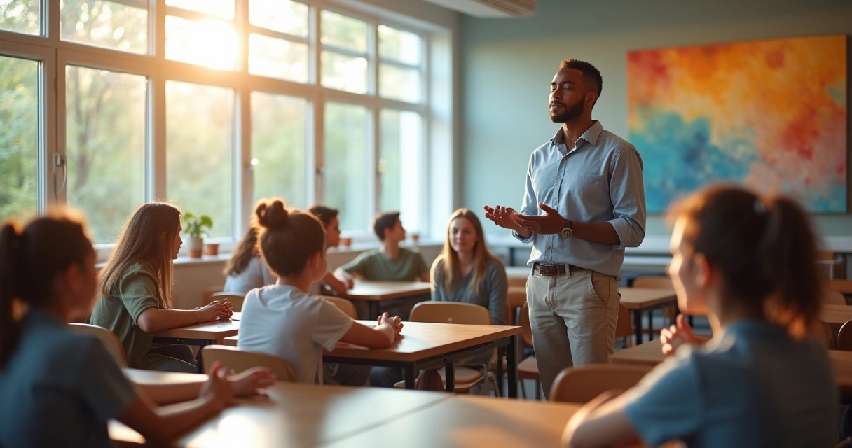 Professor conduzindo meditação marquesiana com adolescentes em sala de aula