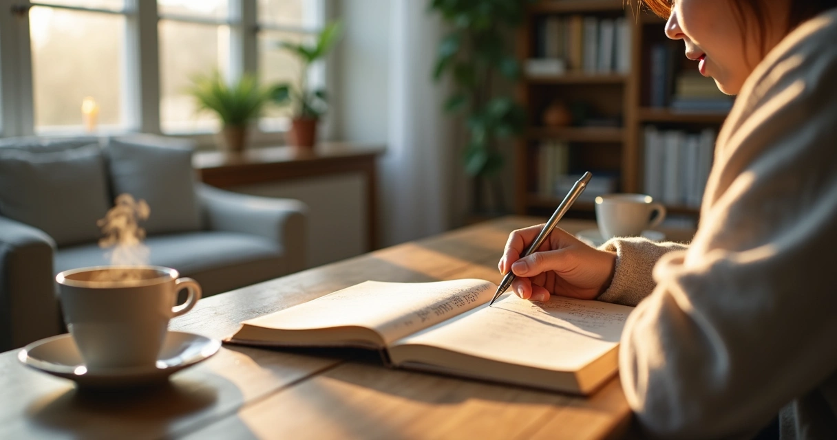 Pessoa escrevendo em diário ao lado de xícara de chá, refletindo em ambiente calmo 