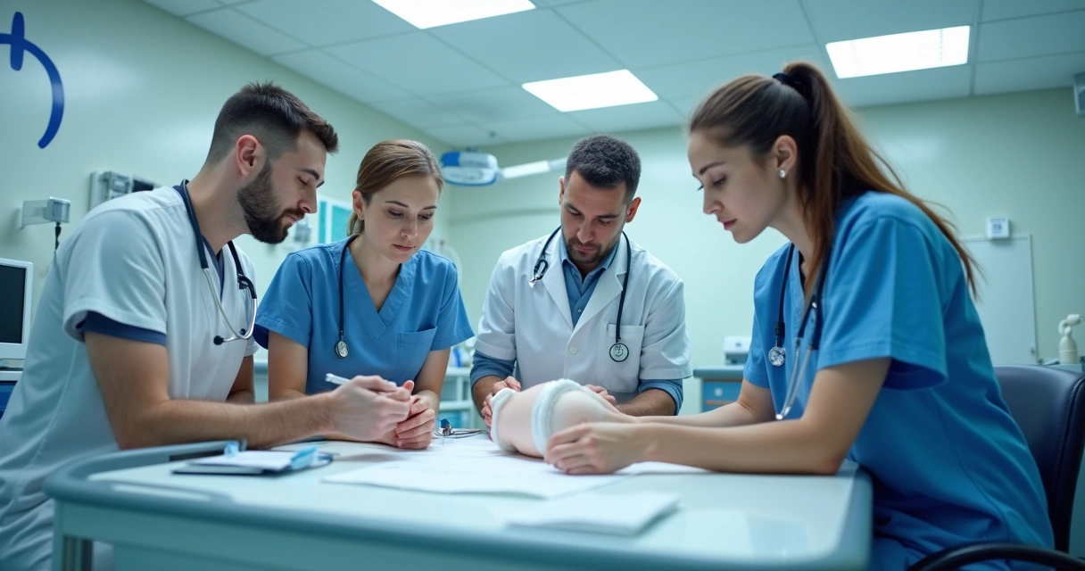 Profissionais de saúde analisando prótese trazida por paciente em ambiente hospitalar 