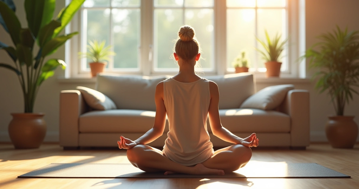 Pessoa sentada praticando meditação em casa com olhos fechados 