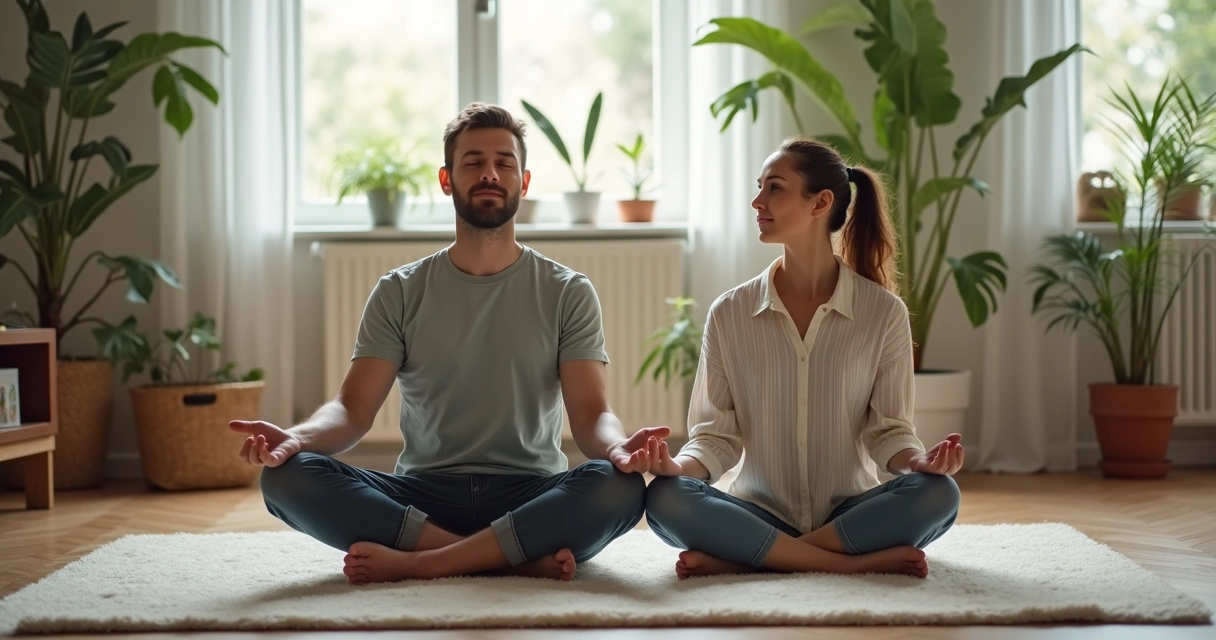 Casal sentado meditando juntos em um ambiente tranquilo 