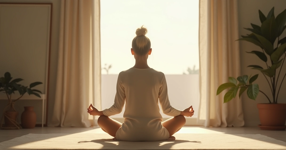 Pessoa sentada em posição de meditação em um ambiente tranquilo 