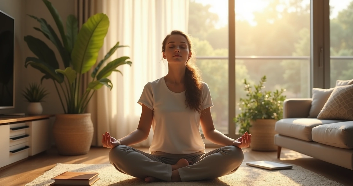 Pessoa meditando de olhos fechados, ambiente calmo, tons claros. 