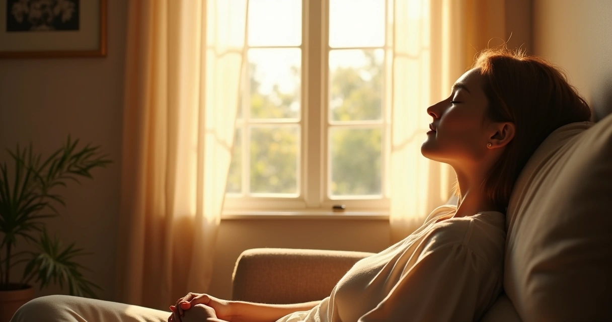 Pessoa sentada de olhos fechados próxima a uma janela, absorvendo a luz natural 