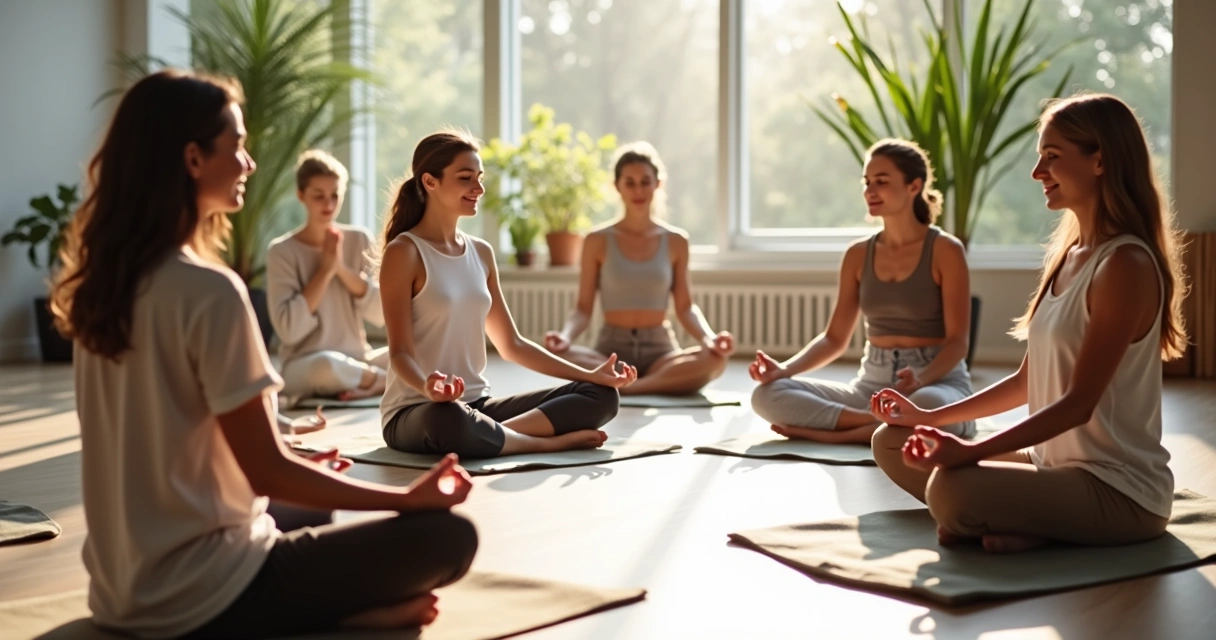 Grupo de pessoas sentado em círculo praticando meditação em ambiente iluminado 