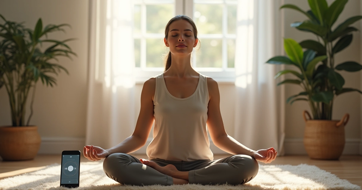 Pessoa sentada com olhos fechados, praticando meditação guiada por áudio 