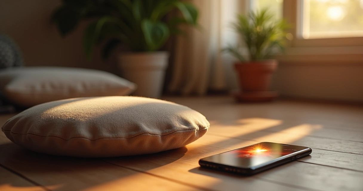 Ambiente tranquilo com almofada de meditação, celular ao lado e luz suave