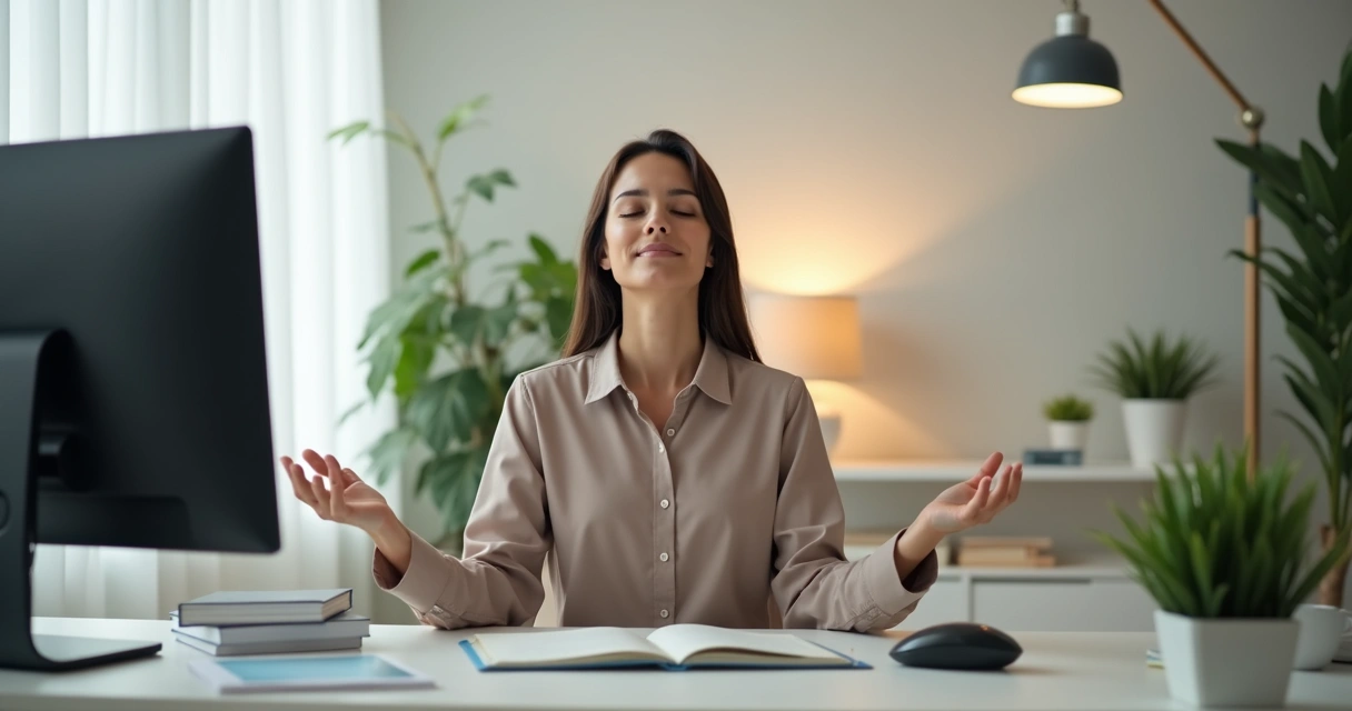Pessoa fazendo breve meditação em mesa de escritório com expressão serena