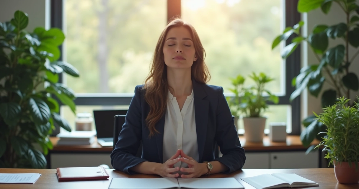Pessoa meditando sentada em sala de escritório, plantas ao redor, ambiente de trabalho 