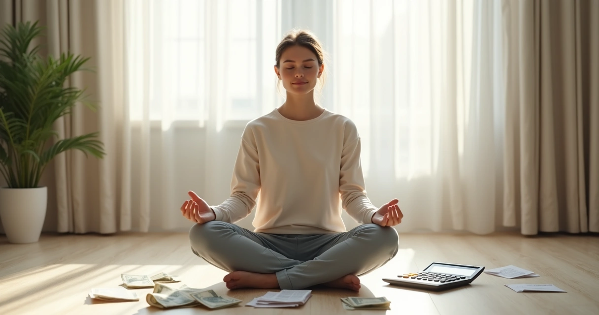 Pessoa sentada ao chão em posição de meditação, com papéis de contas e uma calculadora ao lado