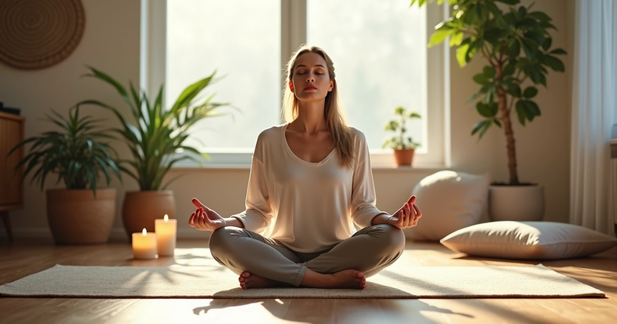 Pessoa sentada, olhos fechados, praticando meditação em casa.