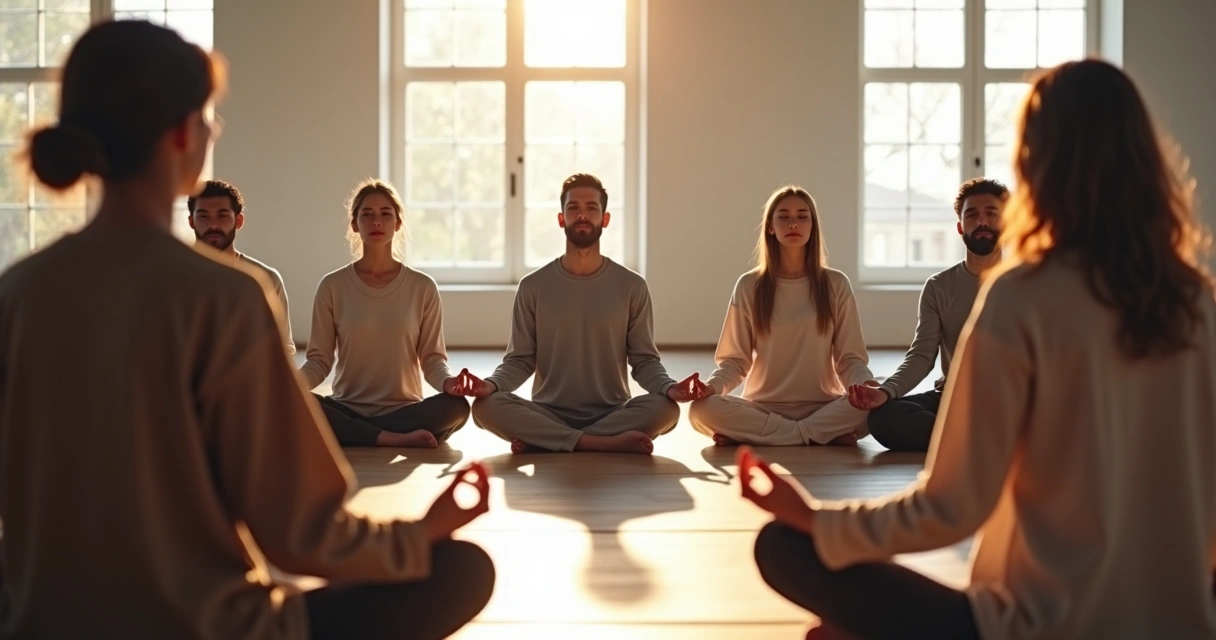 Grupo multicultural meditando em círculo em um ambiente iluminado