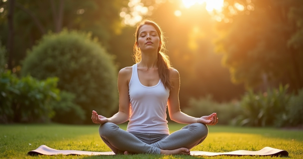 Pessoa sentada em posição de meditação ao nascer do sol, com vegetação ao fundo 