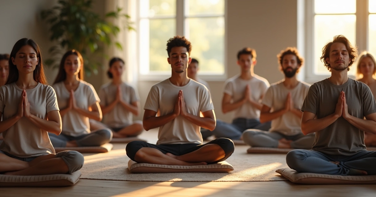 Grupo de pessoas meditando sentadas em círculo em uma sala iluminada. 