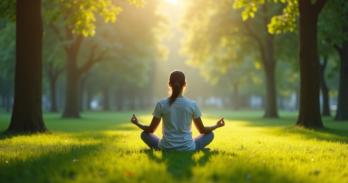 Pessoa praticando meditação sentada em parque verde