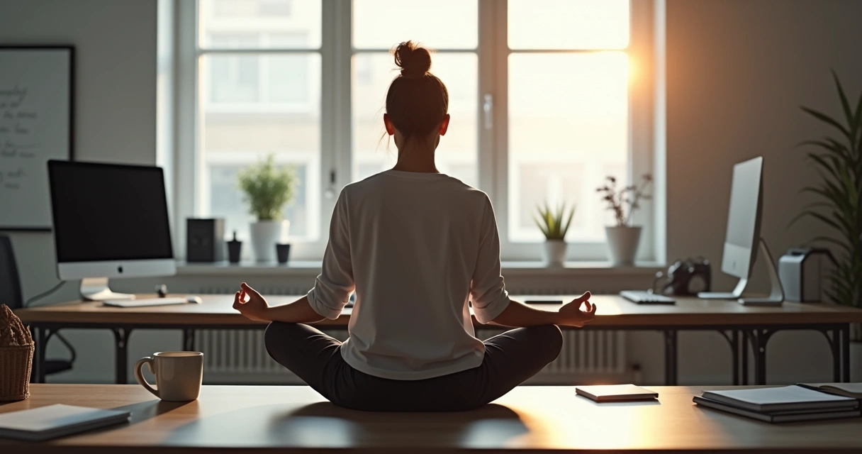Pessoa sentada em posição de meditação no ambiente de trabalho, com luz suave e objetos de escritório dispersos 
