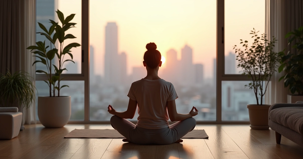Pessoa meditando calmamente sentada em um apartamento moderno 