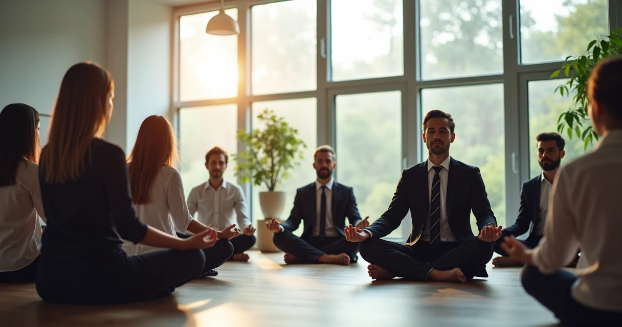 Grupo de pessoas em roupa social meditando juntos numa sala de reunião em ambiente moderno 