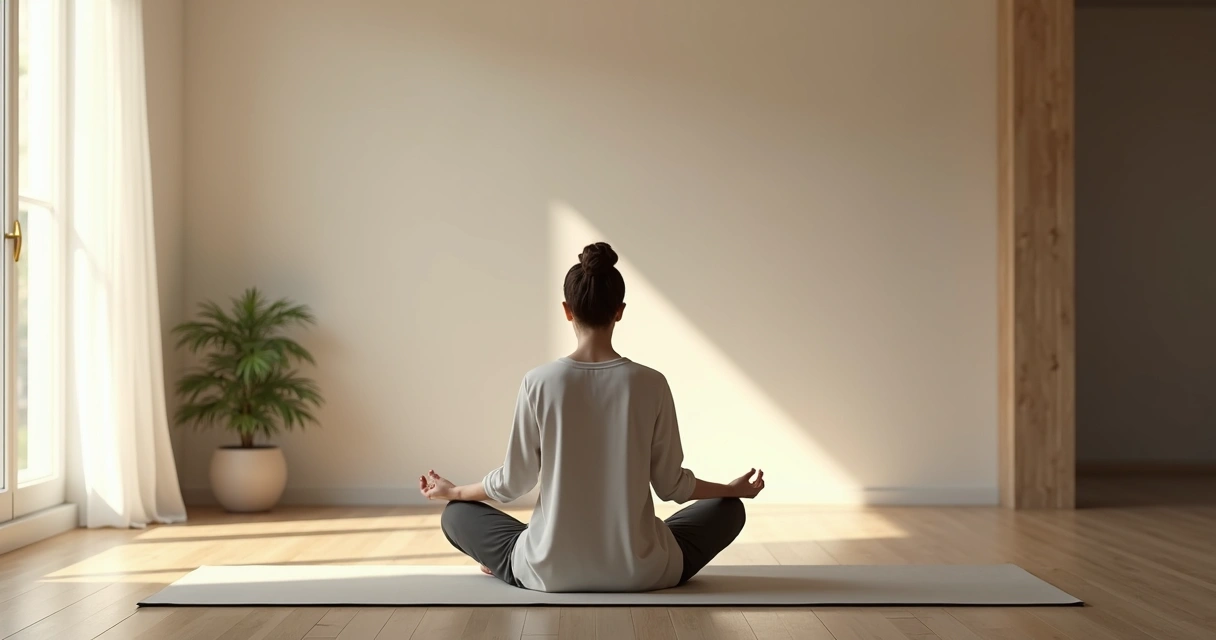 Pessoa sentada em postura meditativa em ambiente tranquilo, luz suave, decoração minimalista 