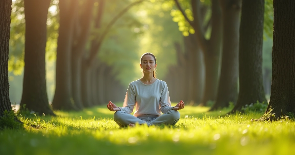 Pessoa em posição de meditação ao ar livre, olhos fechados, rodeada de árvores 