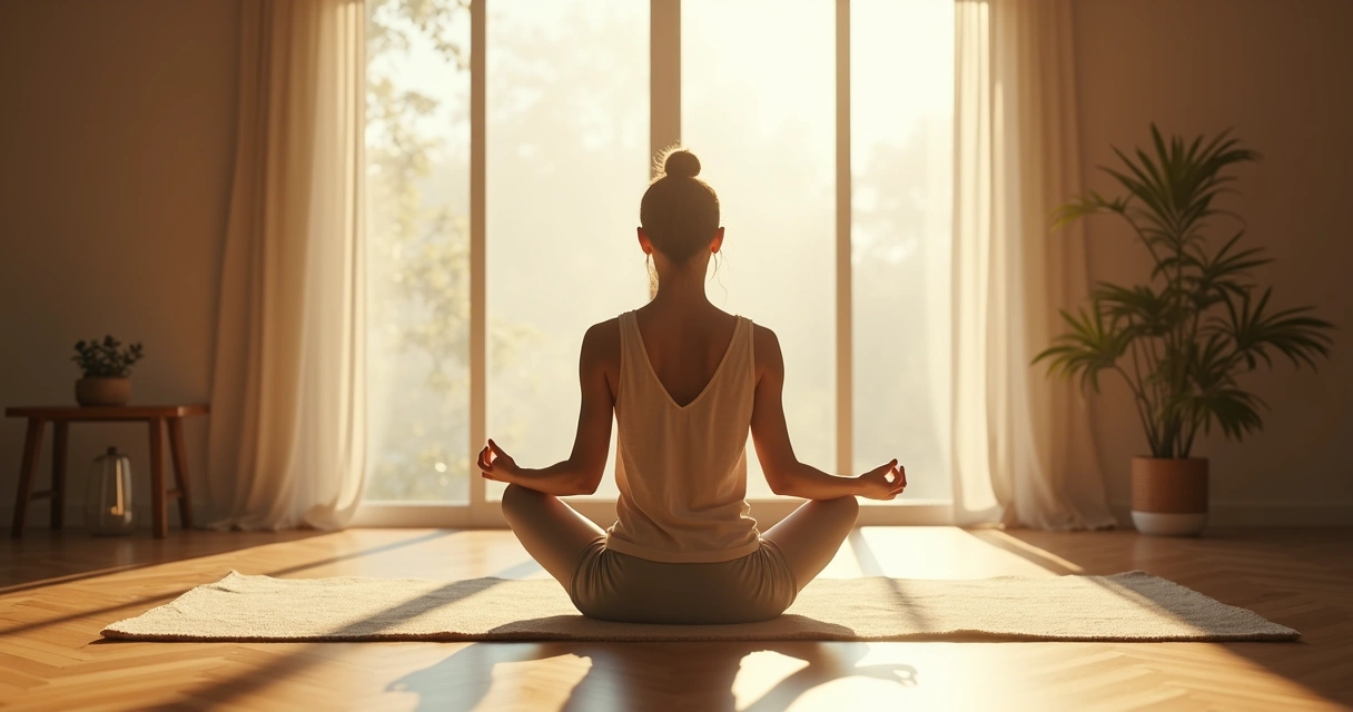 Pessoa sentada em posição de meditação em ambiente tranquilo com luz suave 