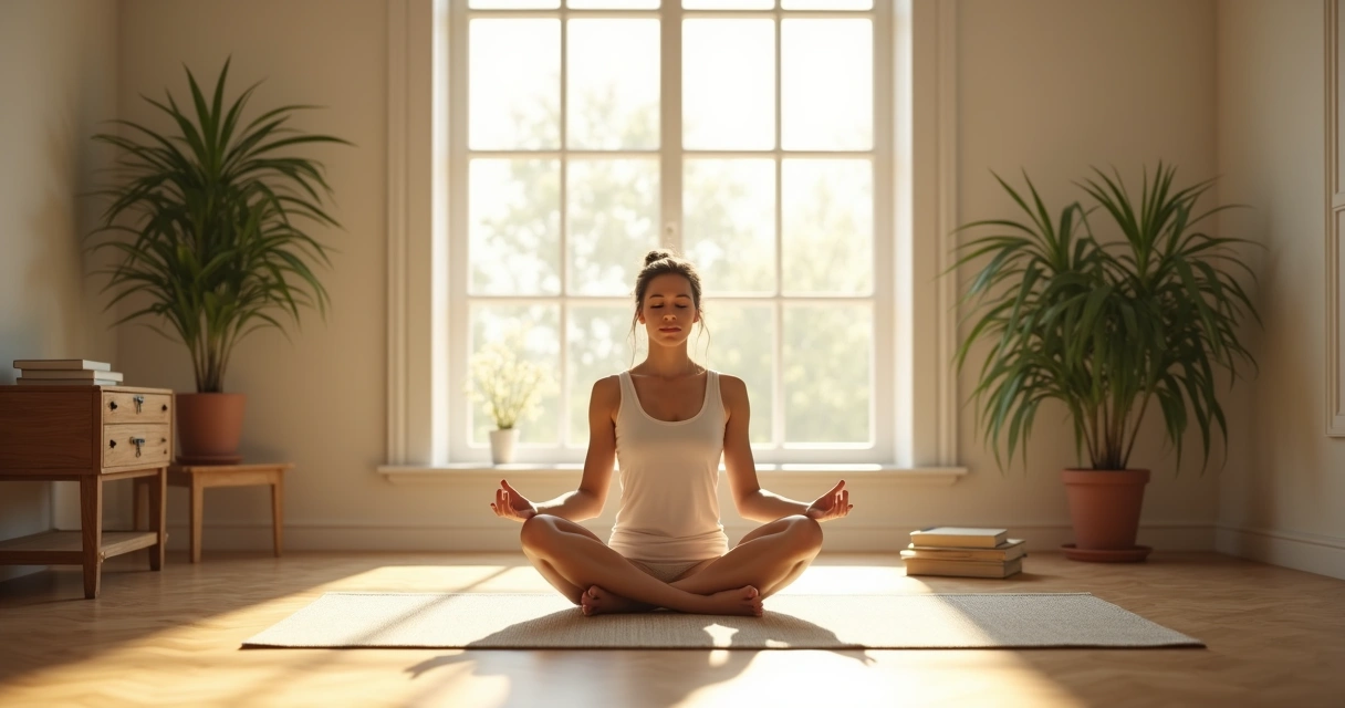 Pessoa sentada de pernas cruzadas em tapete praticando mindfulness em casa