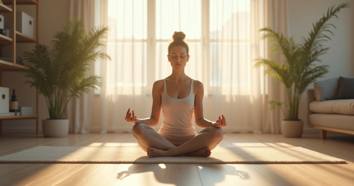 Pessoa sentada em posição de meditação em um cômodo iluminado e tranquilo