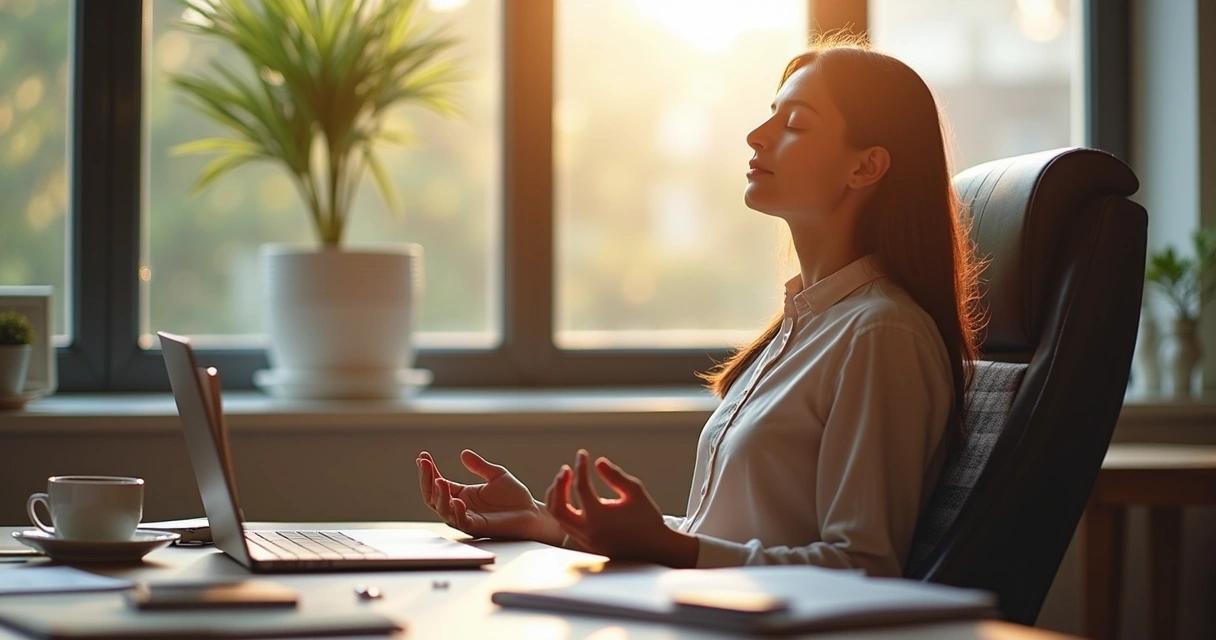 Pessoa sentada em cadeira, olhos fechados, praticando mindfulness em ambiente de escritório.