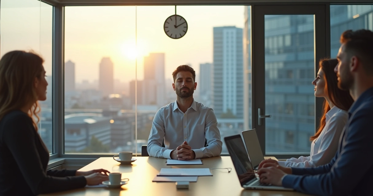 Pessoa sentada em uma sala de reuniões, olhos fechados, praticando mindfulness por alguns minutos antes de uma decisão importante 