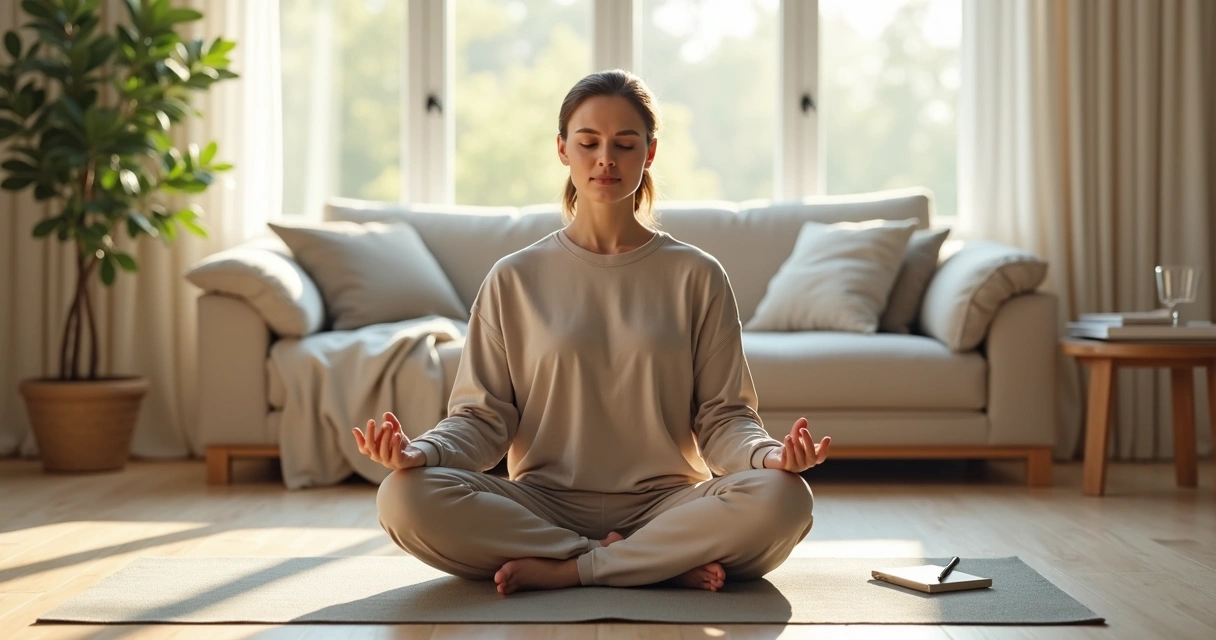 Pessoa sentada no tapete meditando na sala de casa com expressão serena e ambiente organizado 