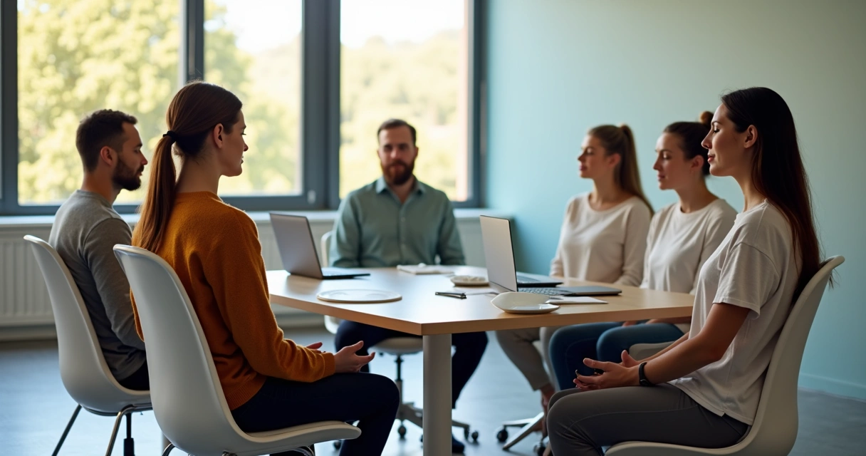 Equipe sentada em círculo praticando mindfulness juntos 