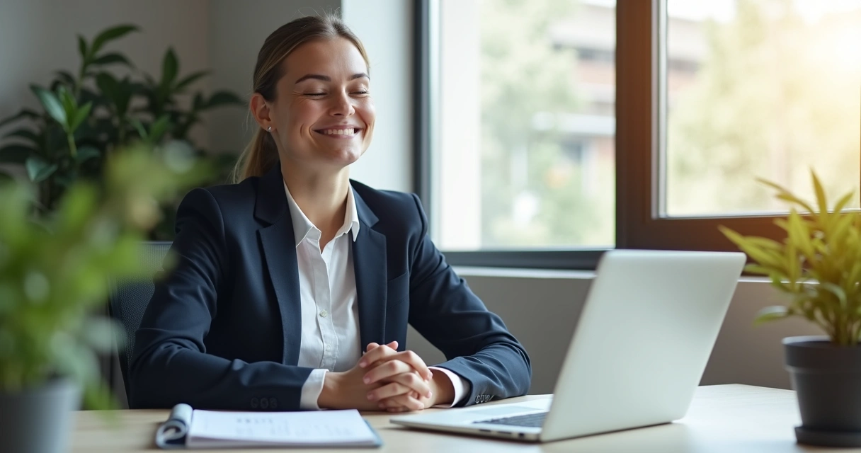 Profissional sentado à mesa de escritório com olhos fechados, realizando uma breve pausa meditativa. 
