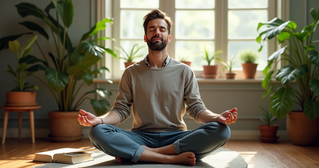 Homem sentado praticando mindfulness em casa