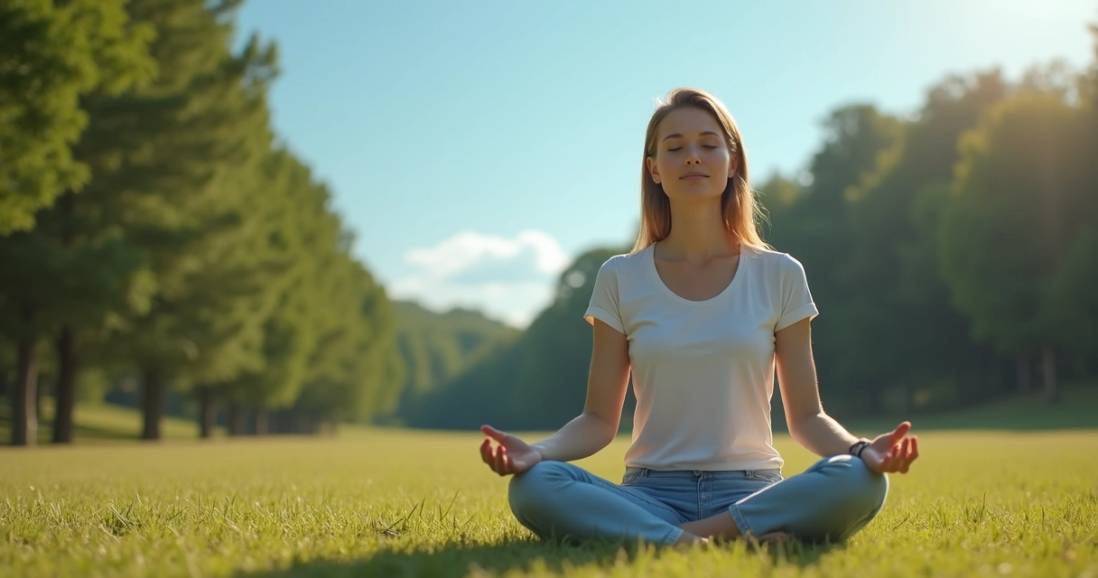 Pessoa sentada em pose de meditação ao ar livre, expressão tranquila, natureza ao fundo. 