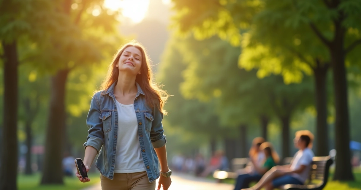 Pessoa caminhando em um parque, de olhos fechados, com expressão tranquila 