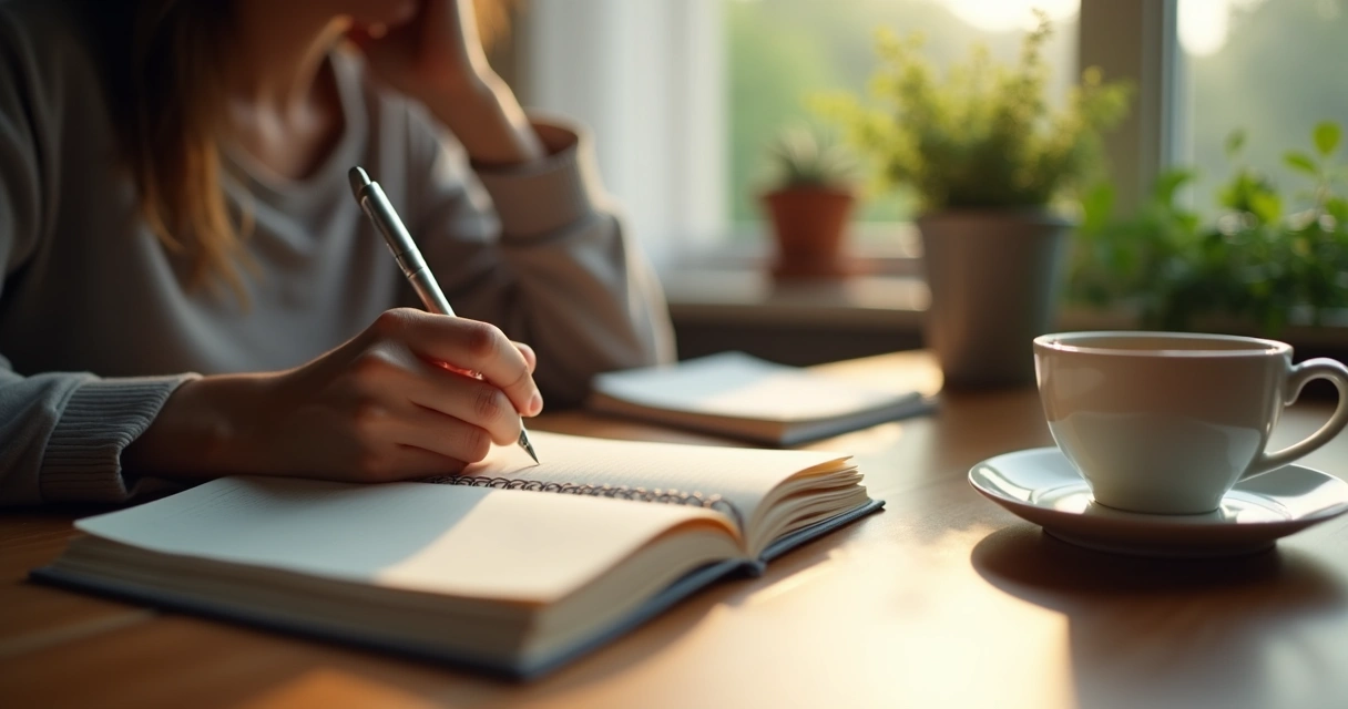 Pessoa escrevendo em diário em ambiente calmo, sentado à mesa