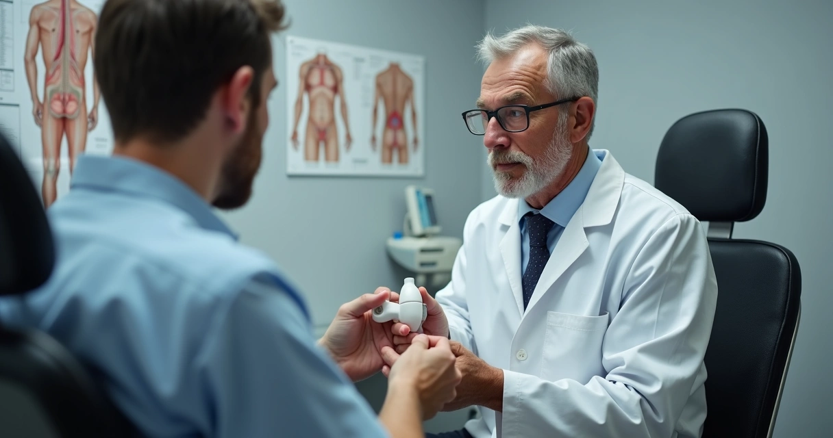 Homem aprende uso de prótese peniana inflável com urologista 