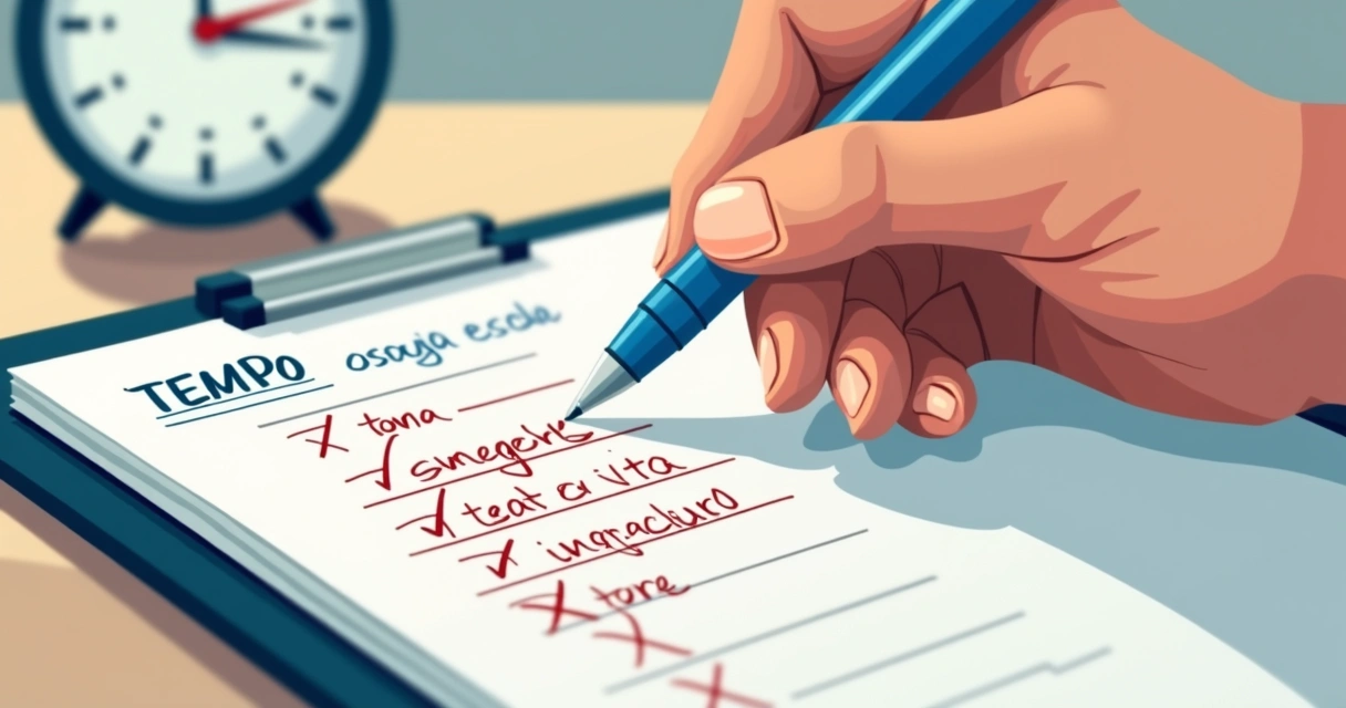 Mão escrevendo redação com caneta azul em folha com marca de tempo e temas sugeridos. 