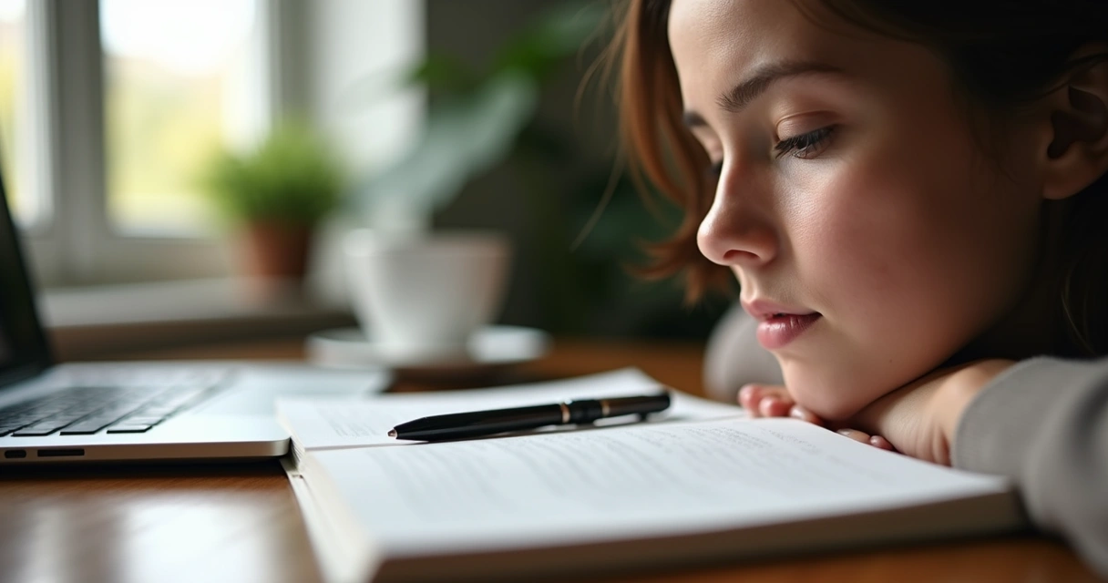 Pessoa fazendo uma pausa para reflexão, olhos fechados, entre um livro e um notebook. 