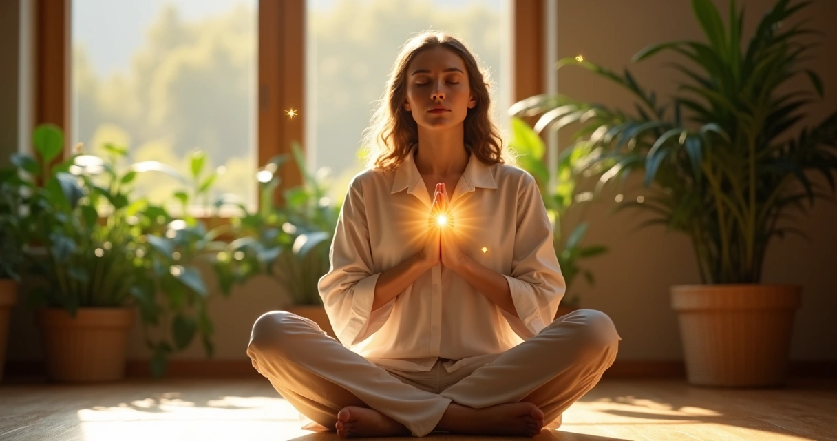 Pessoa de olhos fechados com as mãos em prece, recebendo energia nas mãos 