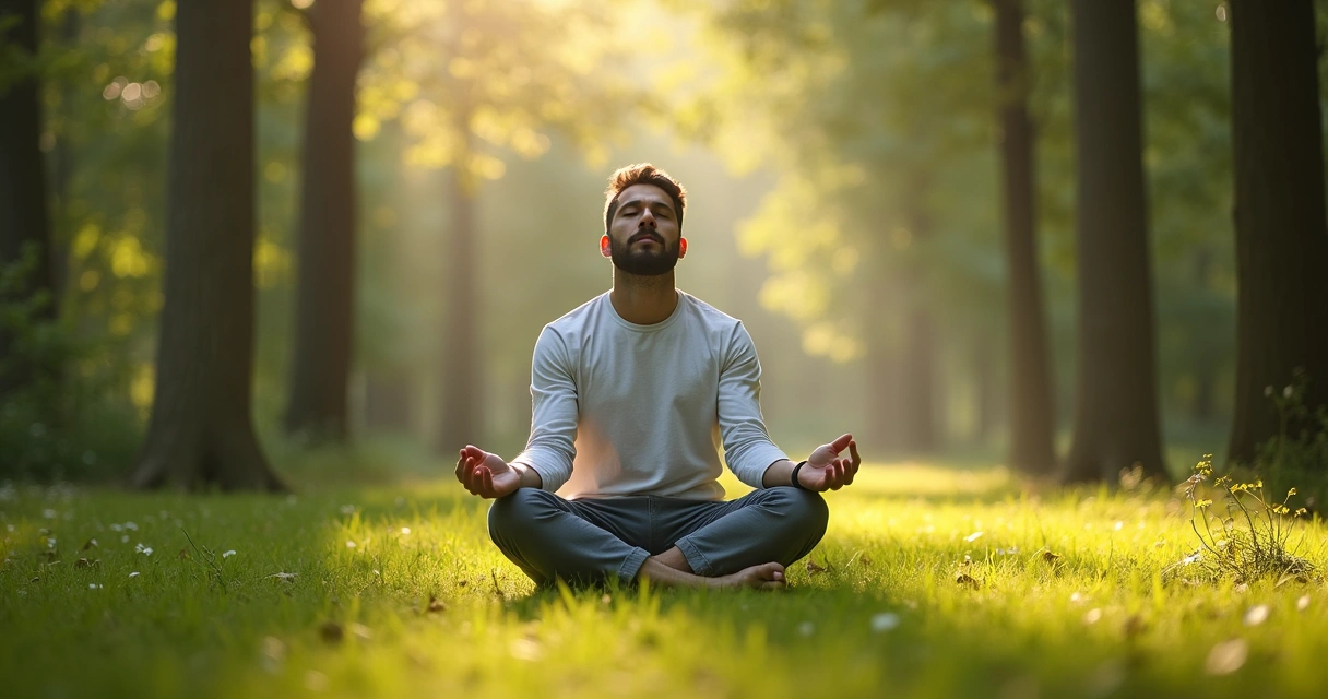 Homem sentado em natureza praticando respiração consciente 
