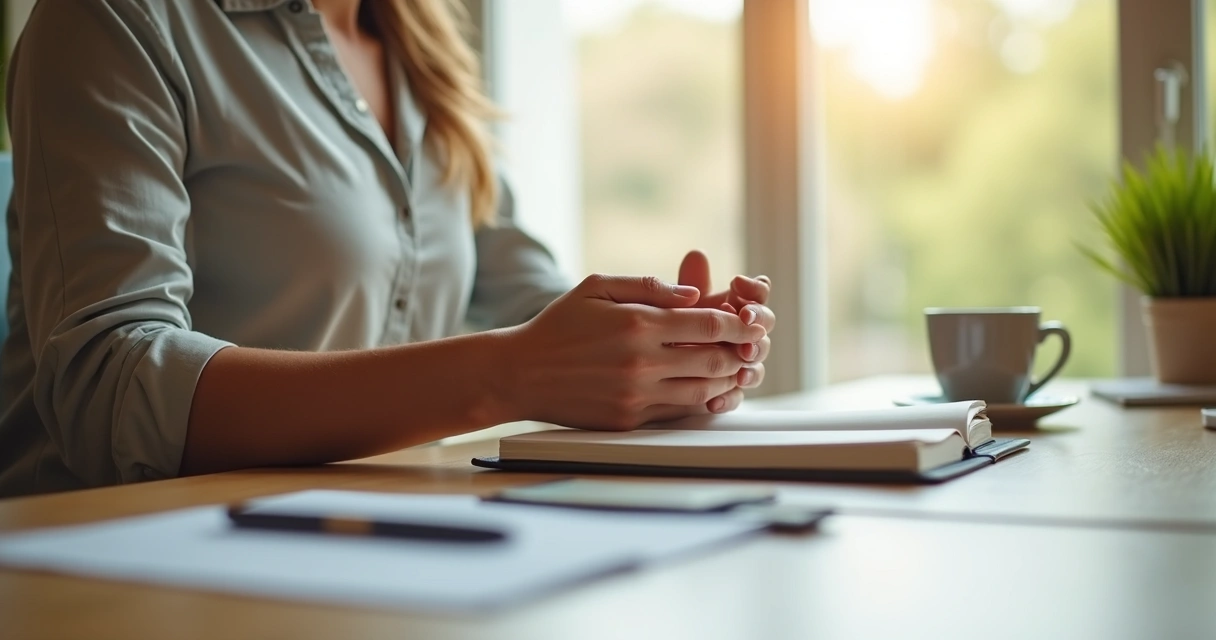 Pessoa praticando respiração consciente à mesa de trabalho 