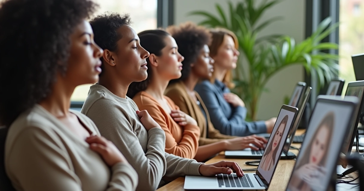 Pessoas sentadas em frente ao computador praticando respiração consciente durante uma reunião digital. 