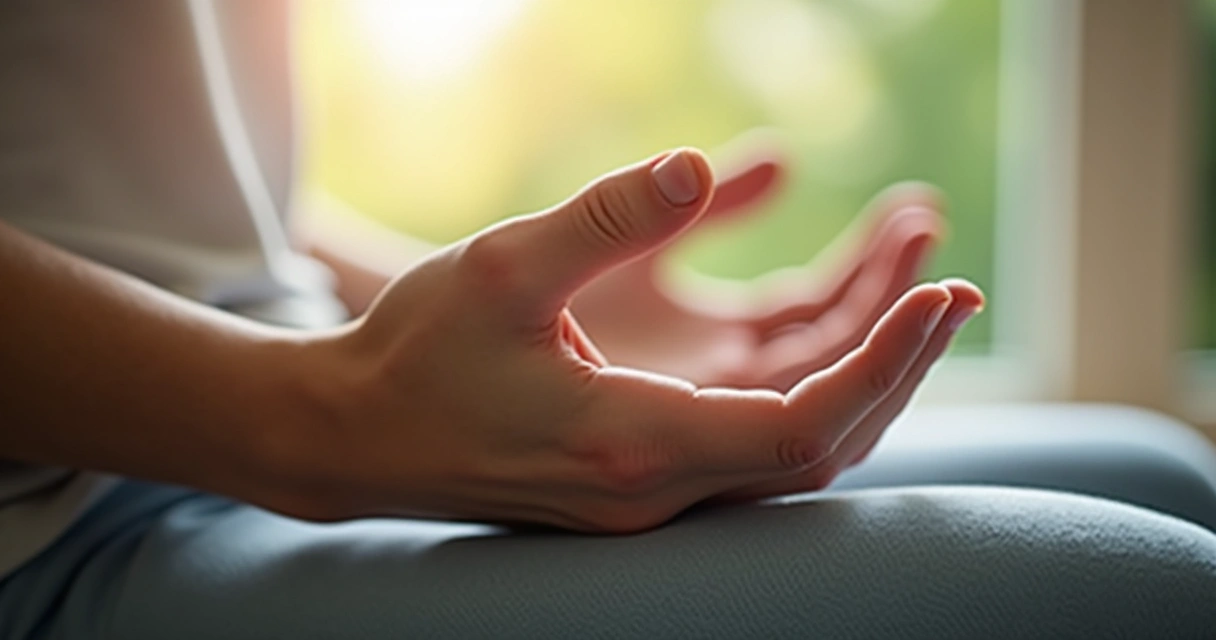 Mãos sobre o colo em gesto de tranquilidade, fundo claro e desfocado 